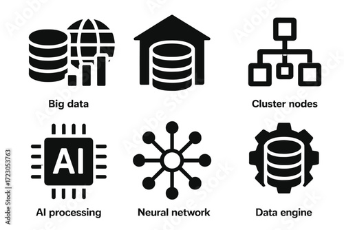 Big data and ai icons: neural networks, cluster nodes, data engine