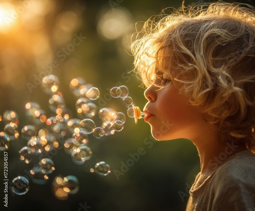 Wallpaper Mural Child's Bubbles of Delight: Capturing the magical essence of childhood, a young child, with a crown of golden curls, blows a cascade of shimmering soap bubbles, shimmering with golden light of sun. Torontodigital.ca