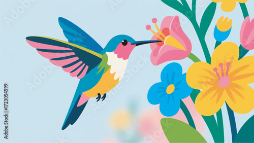 Illustration Of A Small Hummingbird Hovering While Sucking The Nectar Of A Colorful Flower Vector Design Template