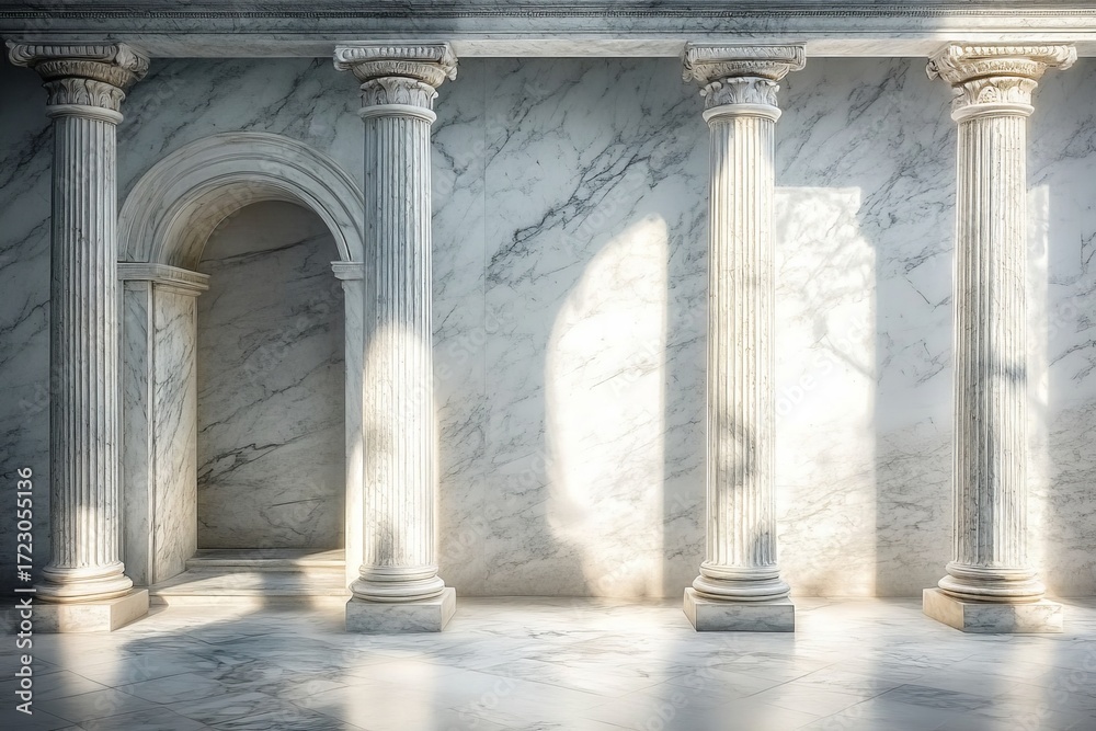 Obraz premium Elegant Marble Columns and Arches Showcasing Timeless Beauty in Soft Natural Light at Indoor Temple