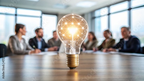 value-driven-business A glowing light bulb symbolizes creative ideas in a business meeting setting.