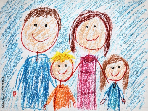 Wallpaper Mural Family's Crayon Art: A touching illustration of a nuclear family, drawn in a child-like style with colorful crayons, captures the essence of familial bond. Torontodigital.ca