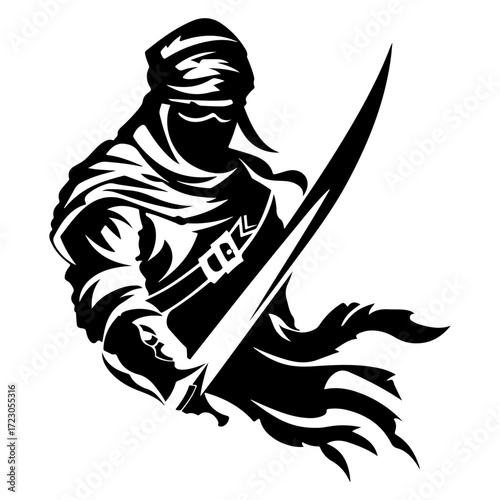 Arabian Warrior Logo Illustration Flat Black Silhouette with Fighter Soldier Knight and Swordsman Graphic Design