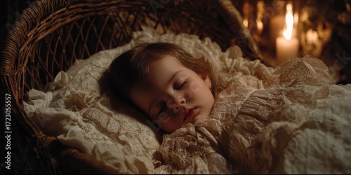 Wallpaper Mural Serene Slumber: A peacefully sleeping infant rests nestled within a rustic wicker bassinet. Soft lighting and a vintage aesthetic evokes a sense of tranquility and innocence. Torontodigital.ca