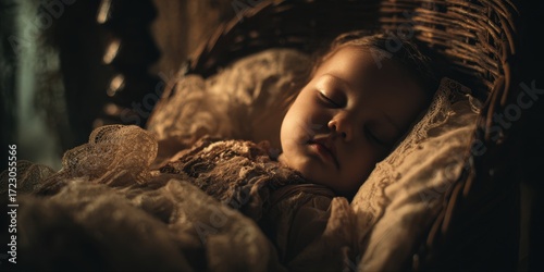 Wallpaper Mural Sleeping Baby in Basket: A serene image of a newborn baby peacefully sleeping in a cozy basket, evoking a sense of tranquility, innocence, and the warmth of family. Torontodigital.ca