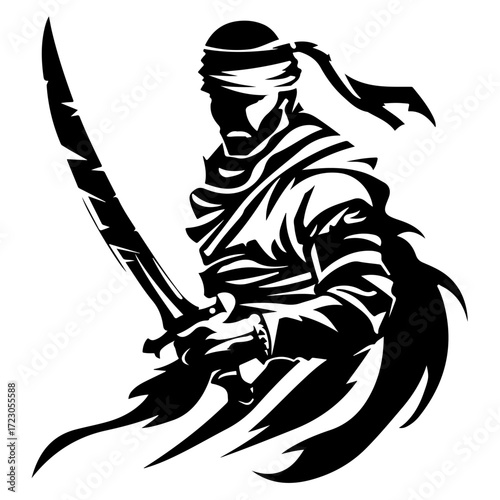 Arabian Warrior Logo in Flat Black Style Silhouette Fighter Illustration for Historic Soldier and Knight Design