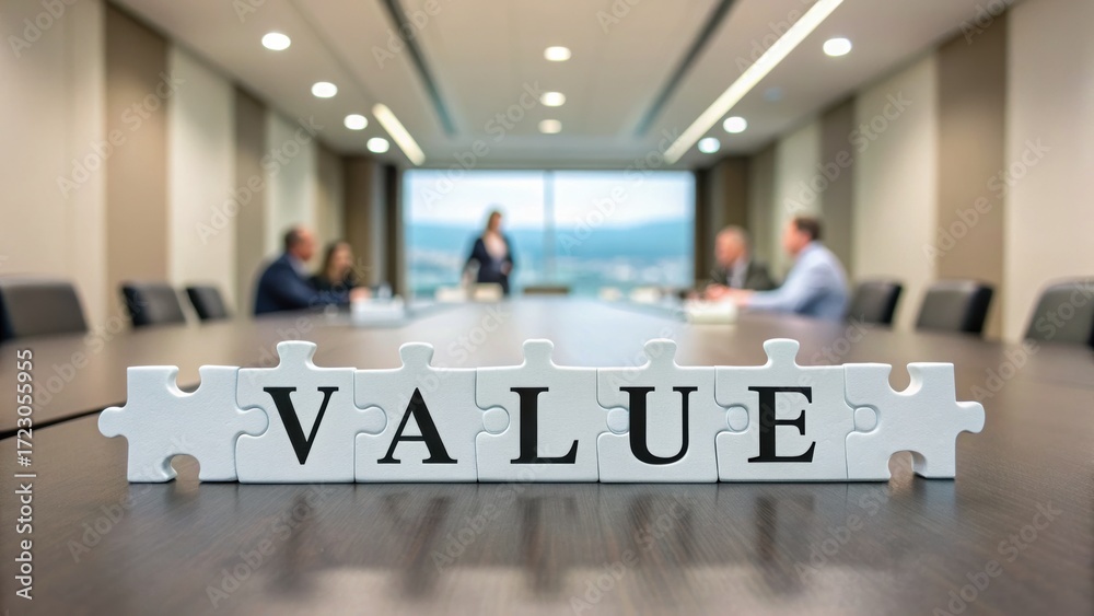 Fototapeta premium value-driven-business Boardroom meeting with puzzle pieces spelling 