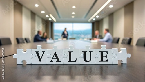 value-driven-business Boardroom meeting with puzzle pieces spelling 