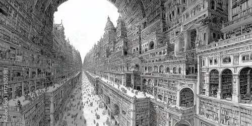 Wallpaper Mural Endless Urban Vista: An intricate pen and ink drawing showcases an expansive cityscape, an imposing urban scene unfolds with architectural detail. The drawing evokes a sense of awe and wonder. Torontodigital.ca