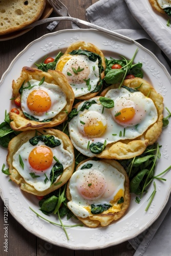 toast slices and fried eggs closeup served on white plate decorated with herbs fresh healthy breakfast meal concept of restaurant cafe cooking school food blog