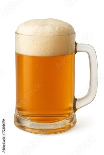 Refreshing golden beer with thick foam in glass mug on transparent background