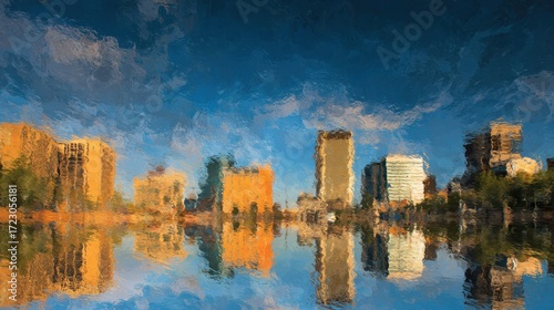 Wallpaper Mural Cityscape Impression: Buildings mirroring in a serene lake create a visually stunning impression, with warm light, mirroring in tranquil water, and rich colors in the sky. Torontodigital.ca