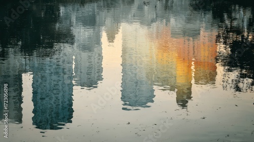 Wallpaper Mural City Reflection: A captivating reflection of a towering urban landscape, showcasing a serene display of architectural beauty and symmetry. Torontodigital.ca