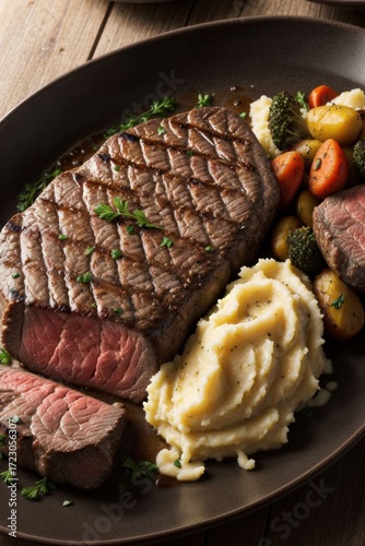 juicy grilled beef steak with herbs served with mashed potatoes broccoli and roasted vegetables on white plate gourmet dinner in sauce professional food photography concept of restaurant