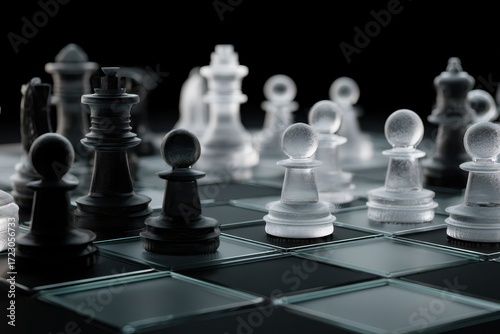 Wallpaper Mural Chessboard strategy: A captivating monochrome photograph showcases a chessboard filled with meticulously placed chess pieces, evoking a sense of intellectual strategy and tactical planning. Torontodigital.ca