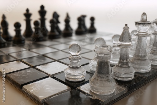 Wallpaper Mural Chessboard Stalemate: A strategic chess battle unfolds, with translucent pieces poised on a checkered board, ready for the next calculated move in black and white contrast. Torontodigital.ca