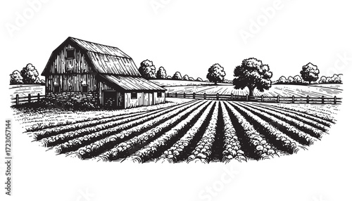 vintage barn scene engraving vector style