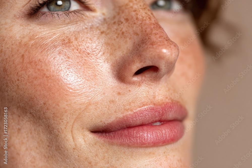 Fototapeta premium Radiant skin showcases natural beauty with subtle freckles and s