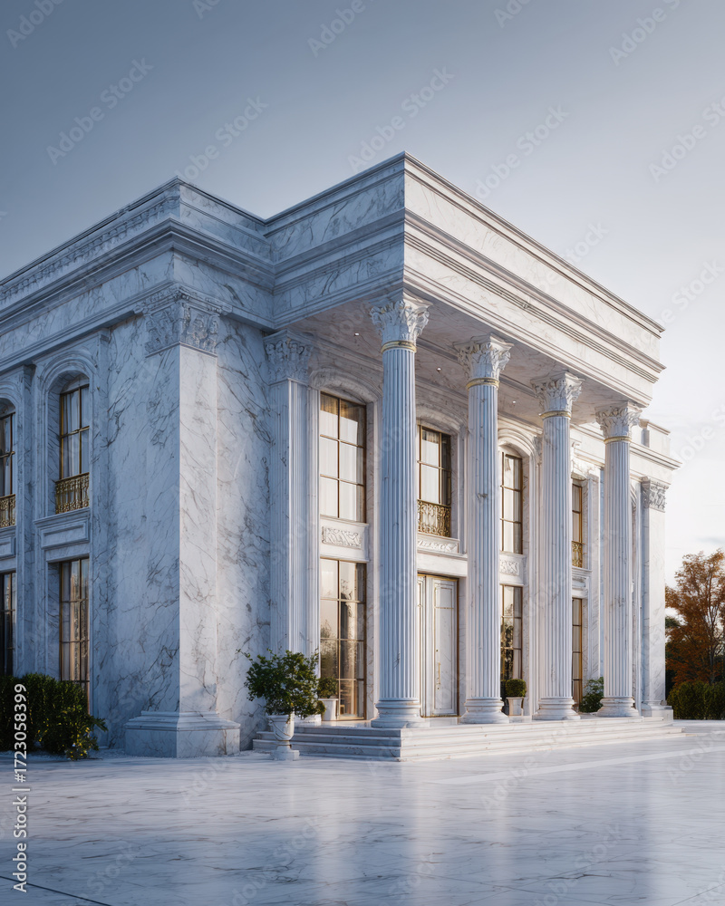 Obraz premium Opulent neoclassical mansion exterior, a grand white marble architectural masterpiece with majestic columns and detailed ornamentation under a serene sky.