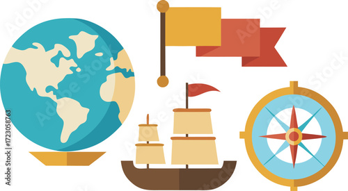 Columbus day bundle vector illustration ships compass map globe flag for eps download vector