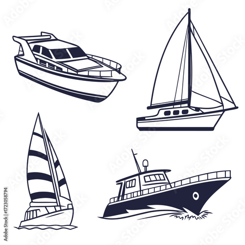 "Boat Icons Set - Yacht, Sailboat, Fishing Boat, and Cruise Ship Vector Illustrations"