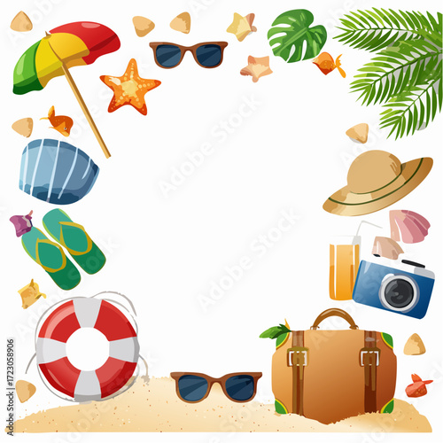Summer Vacation Essentials A Collection of Beach-Themed Items Arranged Around a Sandy Border