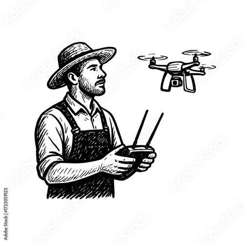 Black and White Vector Illustration of Farmer Controlling Drone

 

 
