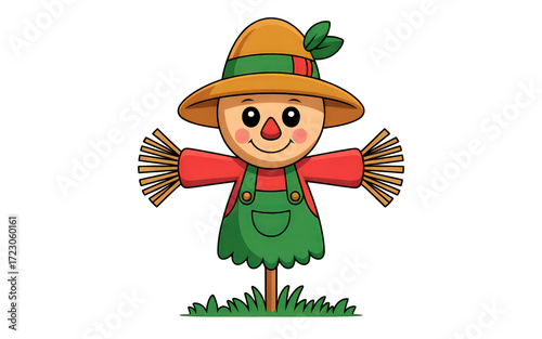Cute cartoon scarecrow standing in the grass on transparent background