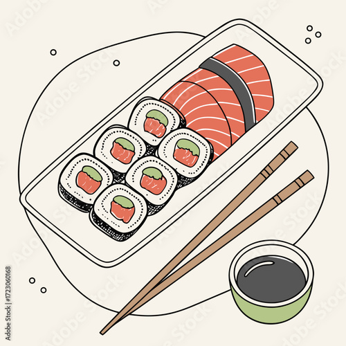 Sushi set with chopsticks vector illustration