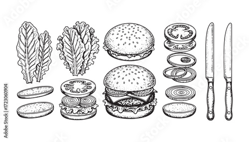 Hamburger Ingredients Vintage Engraving Set Sketch of Burger Components, Lettuce, Tomato, Onion, and Kitchen Knives


