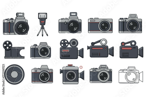 Collection of vintage and modern cameras and film equipment