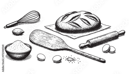 Baking Ingredients and Tools Engraving Set Vintage Sketch of Bread Loaf, Flour, Eggs, Whisk, and Rolling Pin

