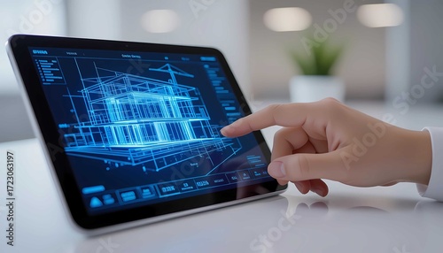 Hand interacting with digital tablet showing futuristic 3D architectural blueprint