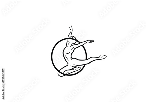 Graceful dancer leaps within a bold circle, embodying movement and artistic expression.
