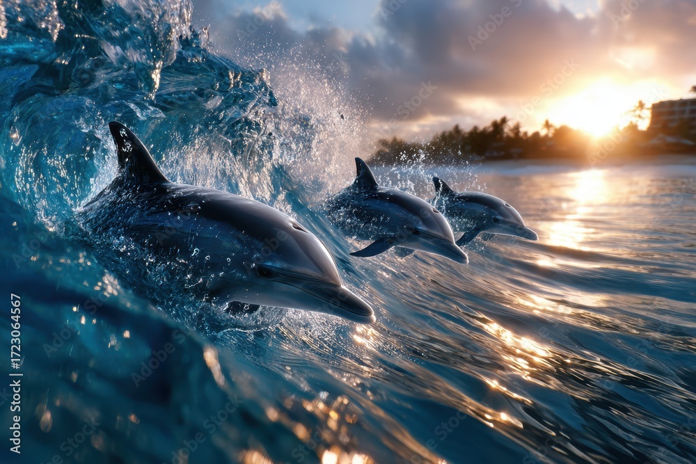 Fototapeta premium Dolphins Surfing a Wave at Sunset