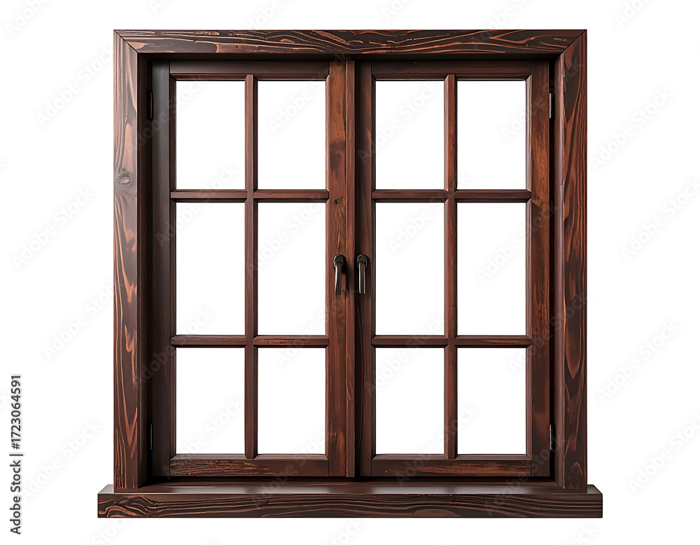 Fototapeta premium Dark brown wooden double-hung window with six-pane grid pattern, thick frame, and small, dark metal latches