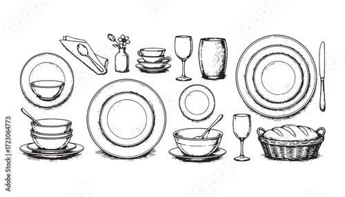 dinner set engraving vector style