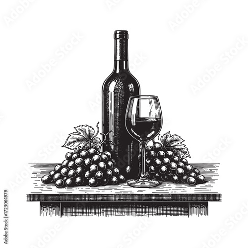Wine bottle, glass and grapes on the table engraving vector style