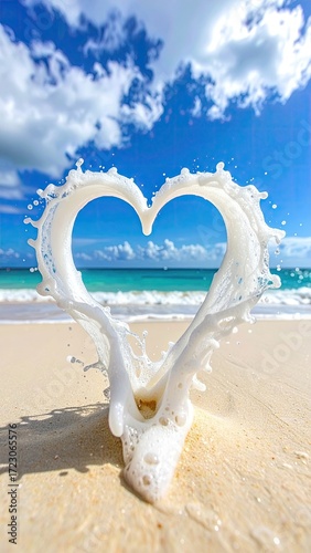 Heart-shaped wave splash on beach