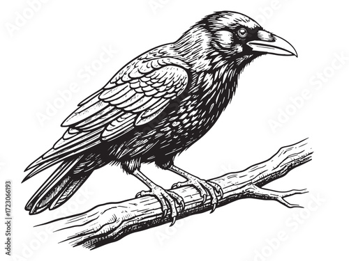 raven bird engraving vector style