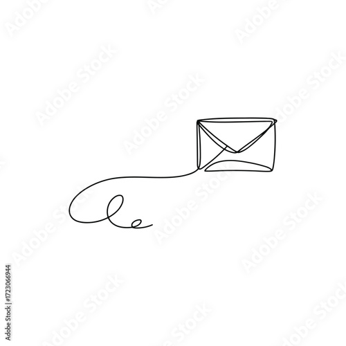Hand drawn single line art of an envelope with a trailing string