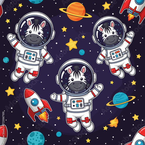 Cute cartoon zebras in astronaut suits explore colorful outer space with planets and rockets