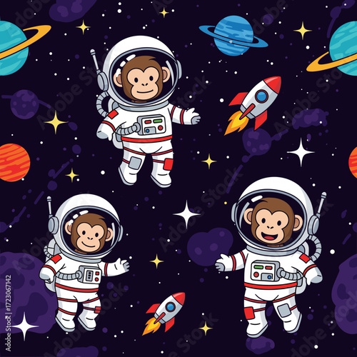 Cute astronaut monkeys float in space with rockets and planets Fun adventurous illustration