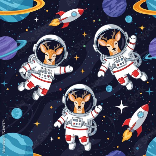 Cute deer astronauts in space surrounded by planets and rockets Perfect for kids adventure themes
