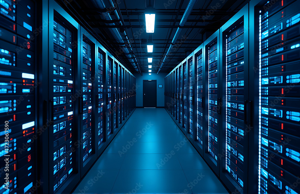 Fototapeta premium sleek data center dusk illuminated soft blue hues rows humming servers tangled fiber optic cables stretching