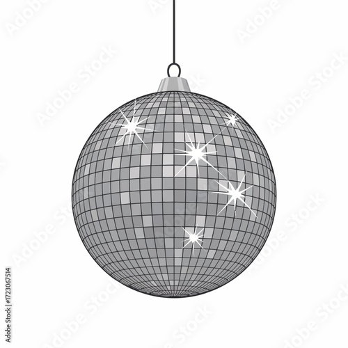 Silver disco ball hanging against a white background with sparkling reflections