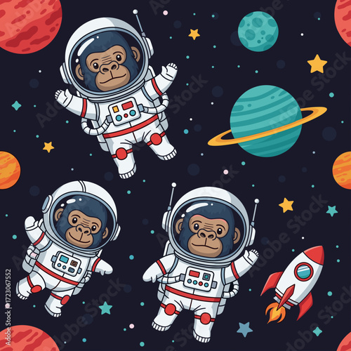 Cute cartoon astronaut chimps exploring vibrant space with planets and rocket Fun cosmic adventure
