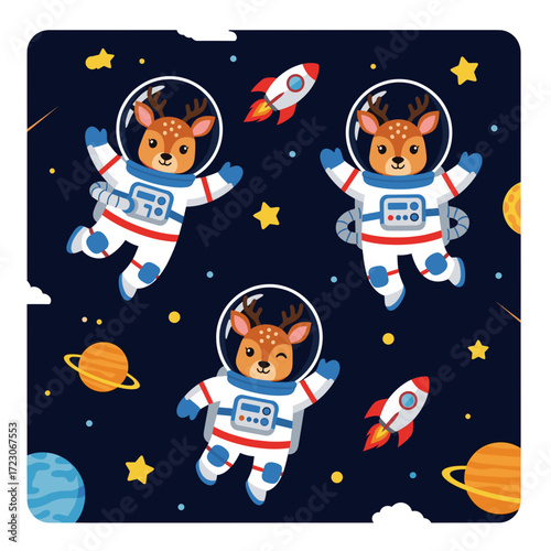 Adorable deer astronauts explore space with planets and rockets Ideal for kids design or education