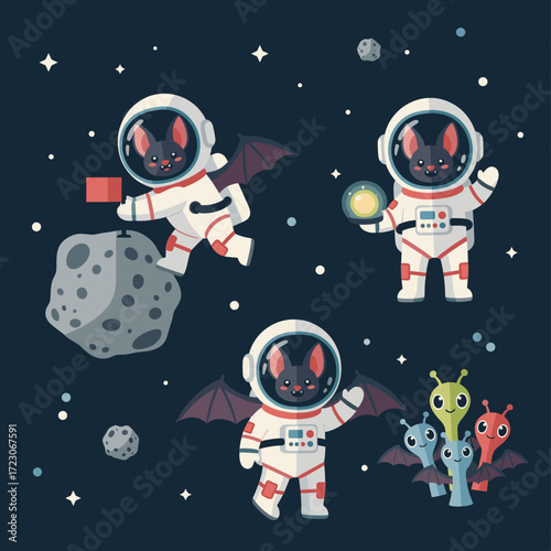 Cute astronaut bats explore space plant a flag on an asteroid and meet friendly aliens