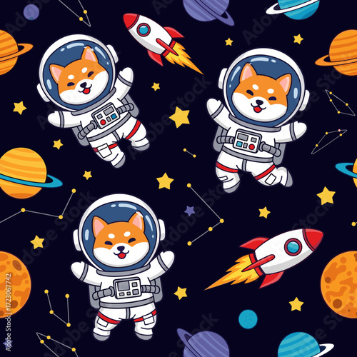 Happy cartoon Shiba Inu astronauts rockets and planets in a vibrant space pattern